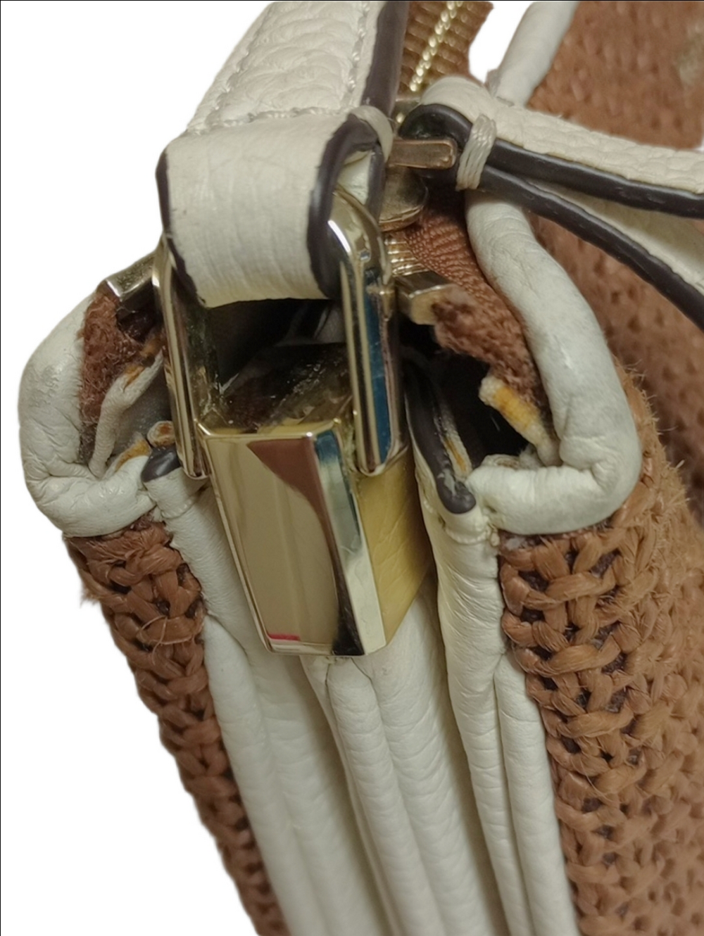 KATE SPADE TAN STRAW WICKER WOVEN CROSSBODY BAG WITH WHITE LEATHER ACCENTS - Picture 5 of 15